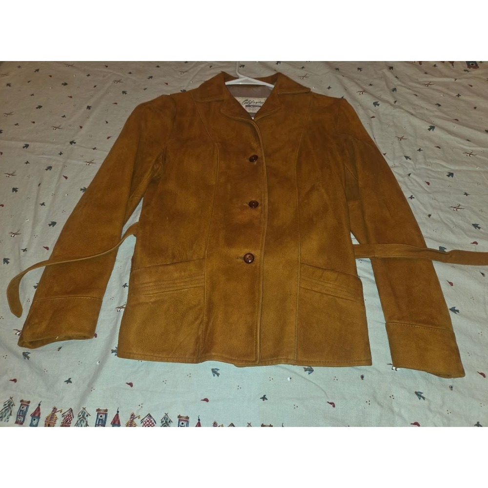 Vintage Lady Californian Genuine Leather Suede Belted Jacket Camel Brown Size 10